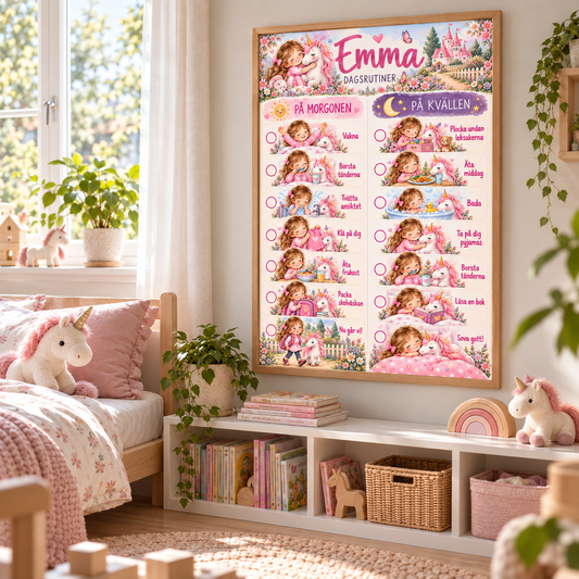 Bildschema för barn med namn i ett barnrum – motiv enhörning