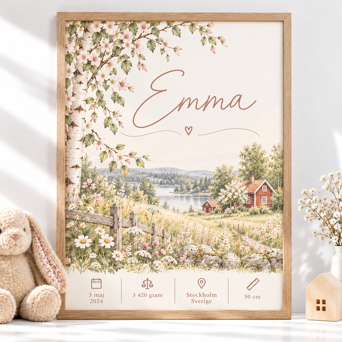Födelsetavla med namn – Blommande björk och röd stuga – doptavla flicka