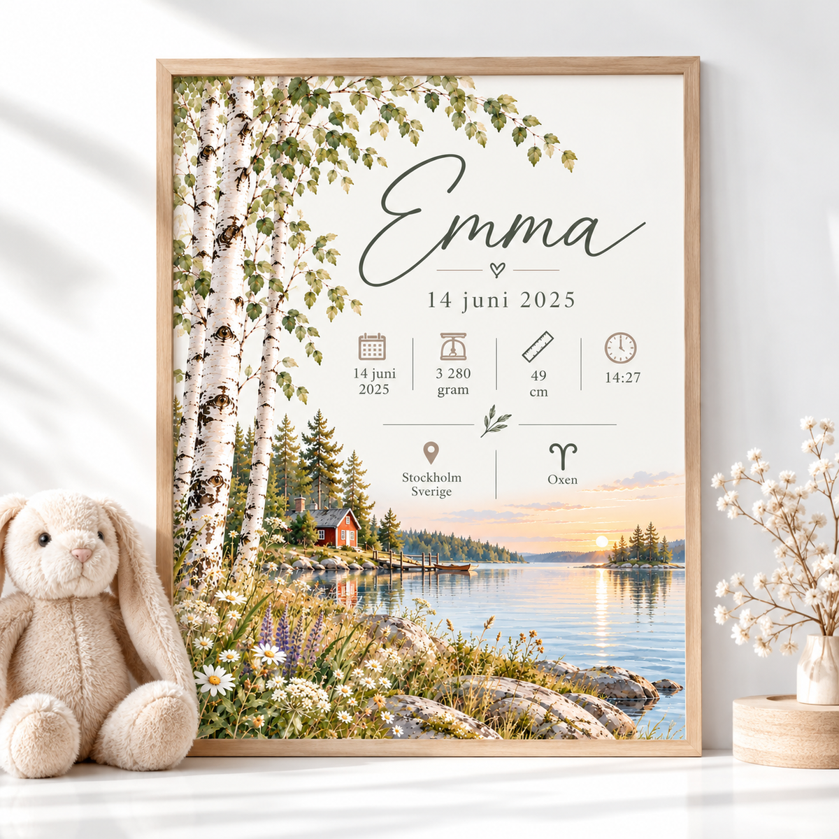 Födelsetavla med namn – vita björkar, röd stuga och sjö i solnedgång i akvarell i ekmönstrad ram