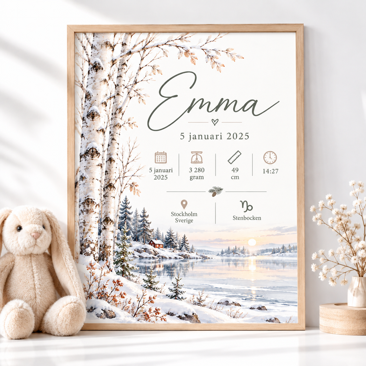 Födelsetavla med namn – snötäckta björkar, röd stuga och vintersjö i akvarell i ekmönstrad ram