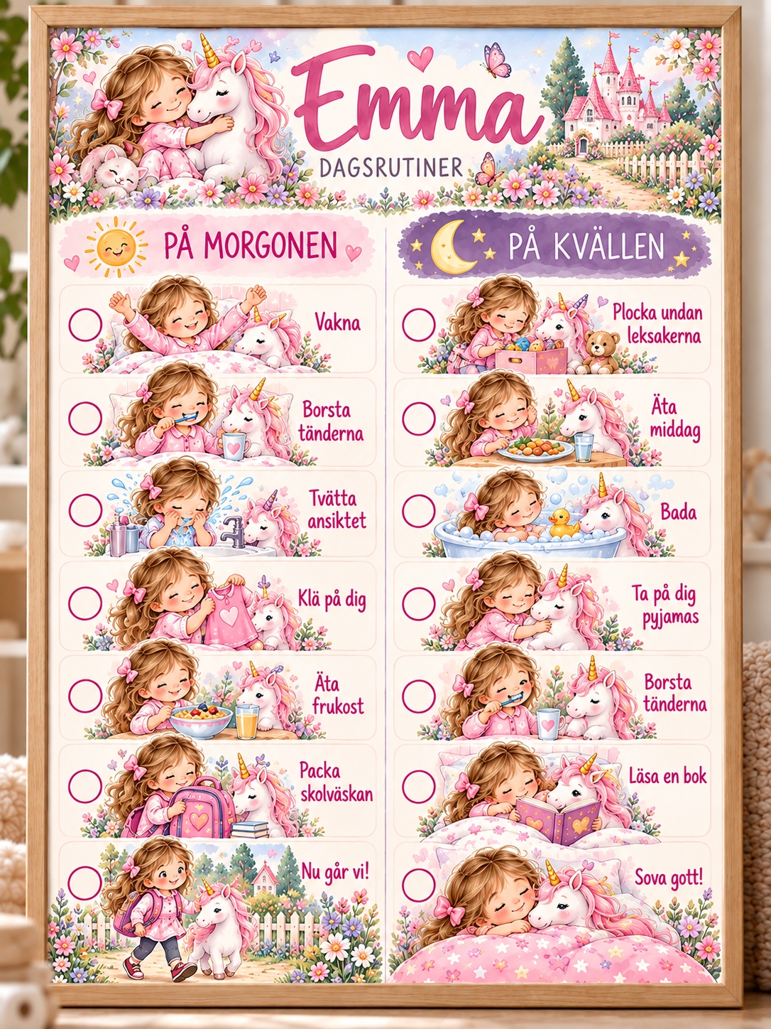 Tagesplan für Kinder mit Namen – Morgen- und Abendroutine mit Motiv Einhorn