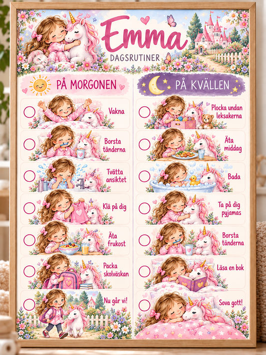 Tagesplan für Kinder mit Namen – Morgen- und Abendroutine mit Motiv Einhorn