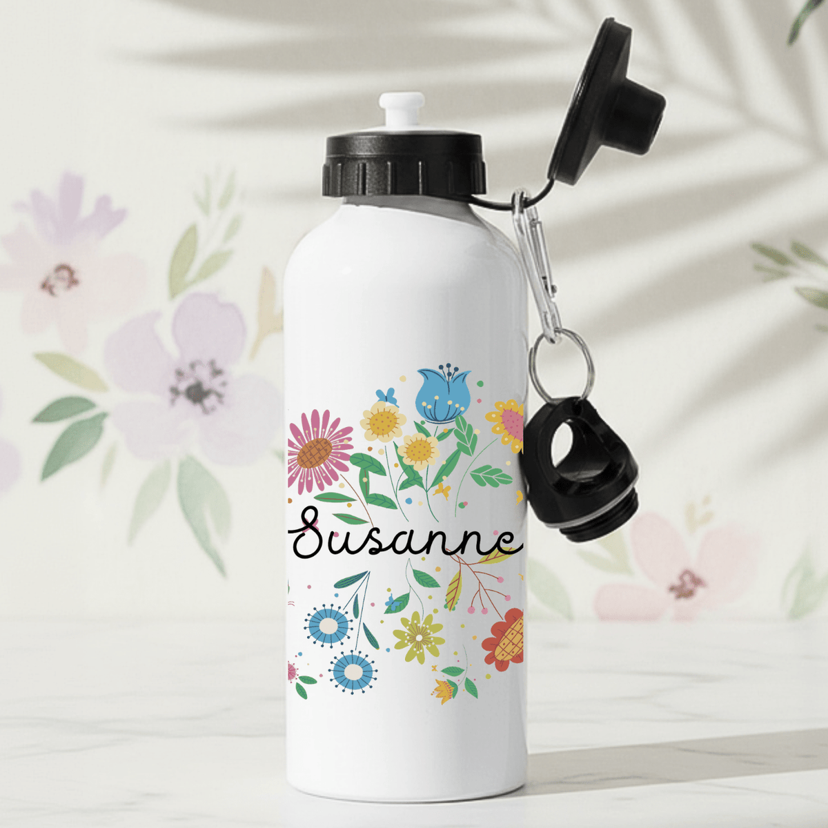 Bunte Wiesenblumen – personalisierte Trinkflasche mit Namen