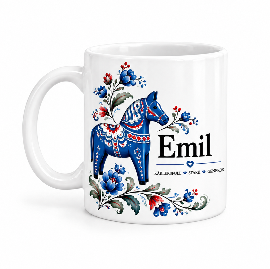 Tasse mit Namen und Bedeutung – Blaues Dalapferd – personalisierte Namenstasse – DalaStil