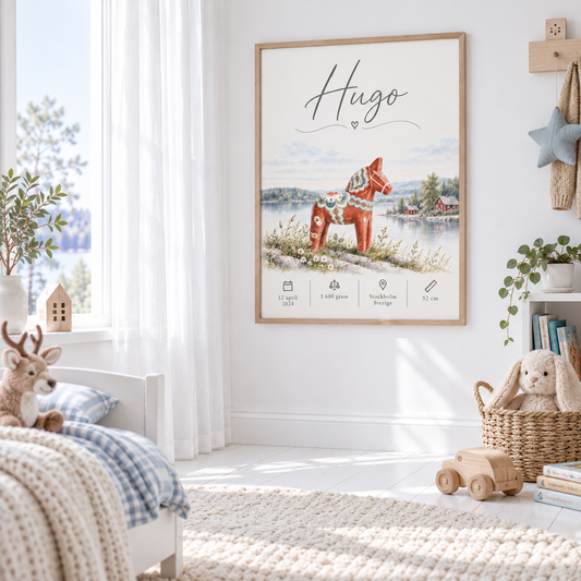 Födelsetavla med dalahäst på väggen i ett skandinaviskt barnrum