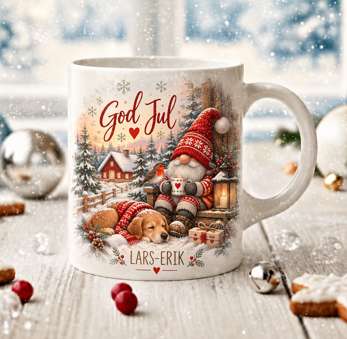 Personalisierte Weihnachtstasse mit Namen – Wichtel mit schlafendem Hund – DalaStil