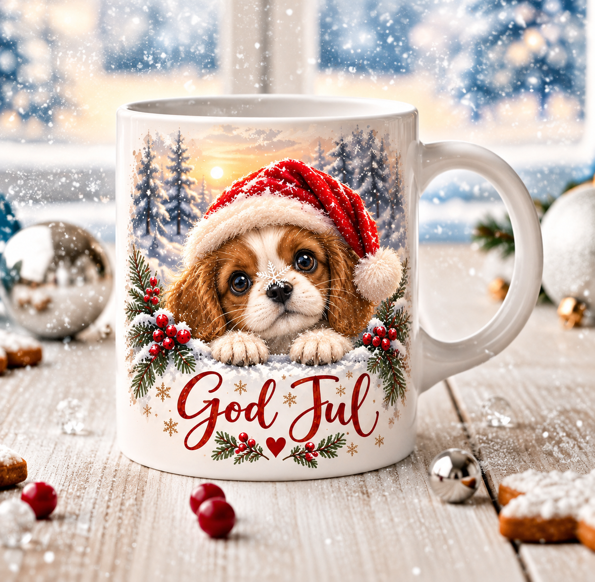 Weiße Weihnachtstasse mit braun-weißem Welpen mit roter Wichtelmütze, verschneiten Tannen, roten Beeren und dem Schriftzug God Jul – DalaStil