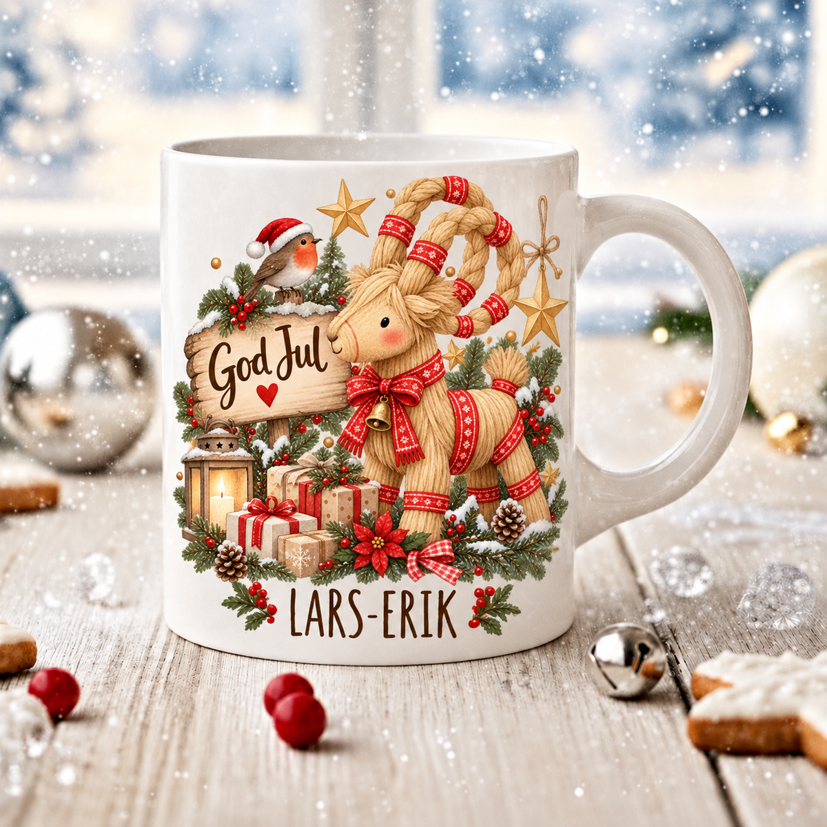 Vit julmugg med julbock, röda band, julklappar och texten God Jul samt namnet LARS-ERIK – DalaStil