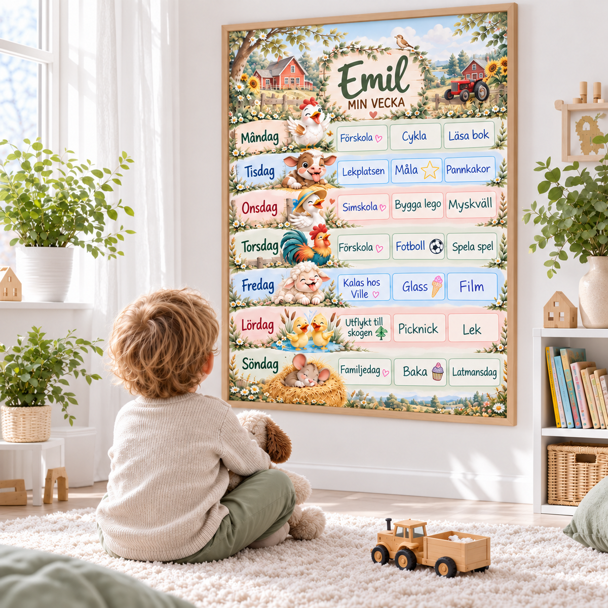 Ausgefüllter Wochenplan mit den Aktivitäten des Kindes im Kinderzimmer – Motiv Bauernhof