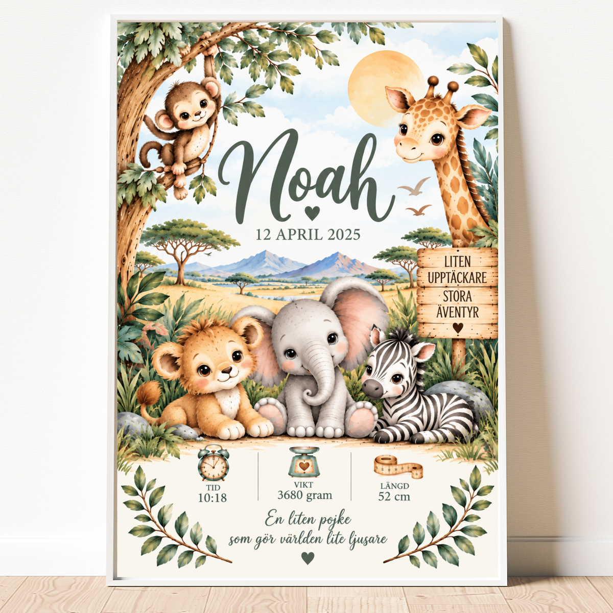 Personalisiertes Geburtsposter mit Löwe, Elefant, Zebra, Giraffe und Affe in der Savanne – DalaStil