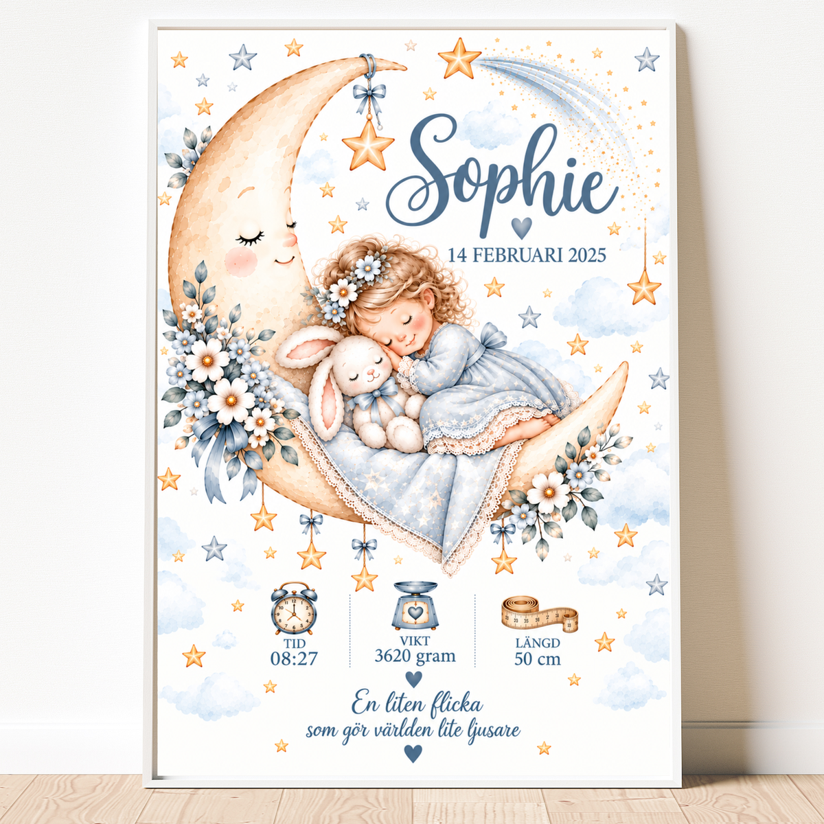 Personalisiertes Geburtsposter mit Mädchen und Hase, die auf dem Mond zwischen Sternen schlafen – DalaStil
