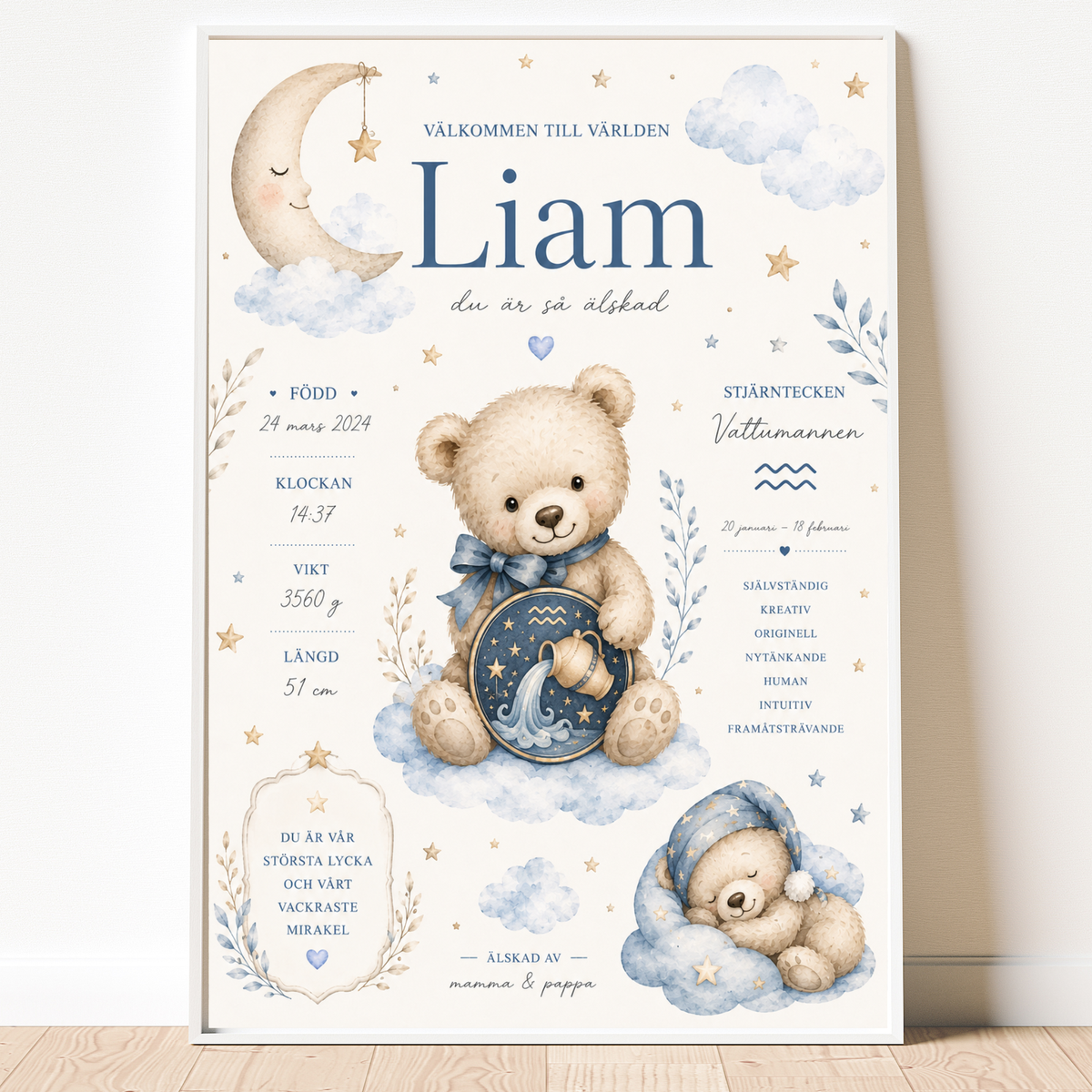 Personalisiertes Geburtsposter – Teddy und Sternzeichen – Taufbild mit Teddy und Sternen