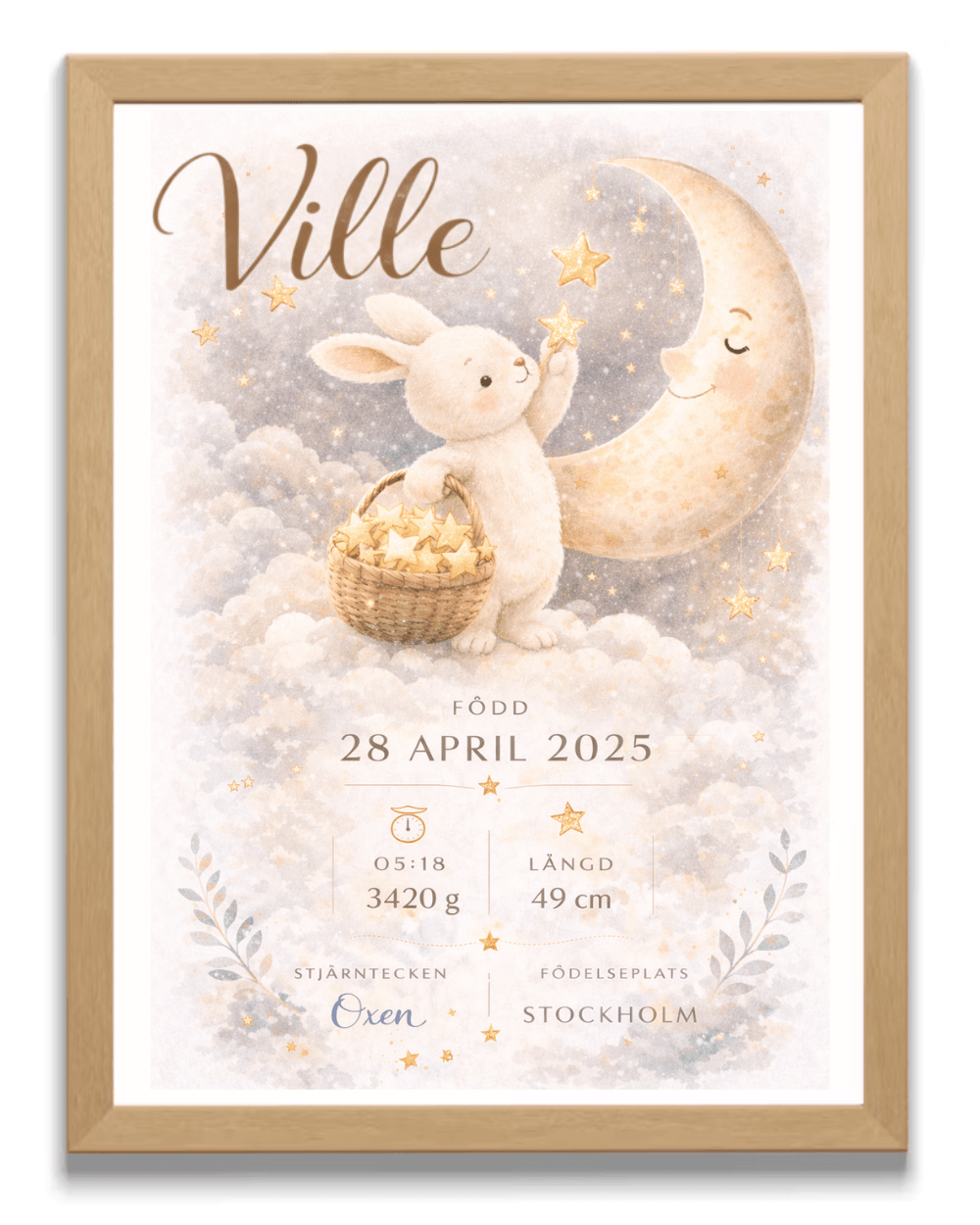 Hase auf der Wolke – personalisiertes Geburtsposter mit dem Namen des Kindes