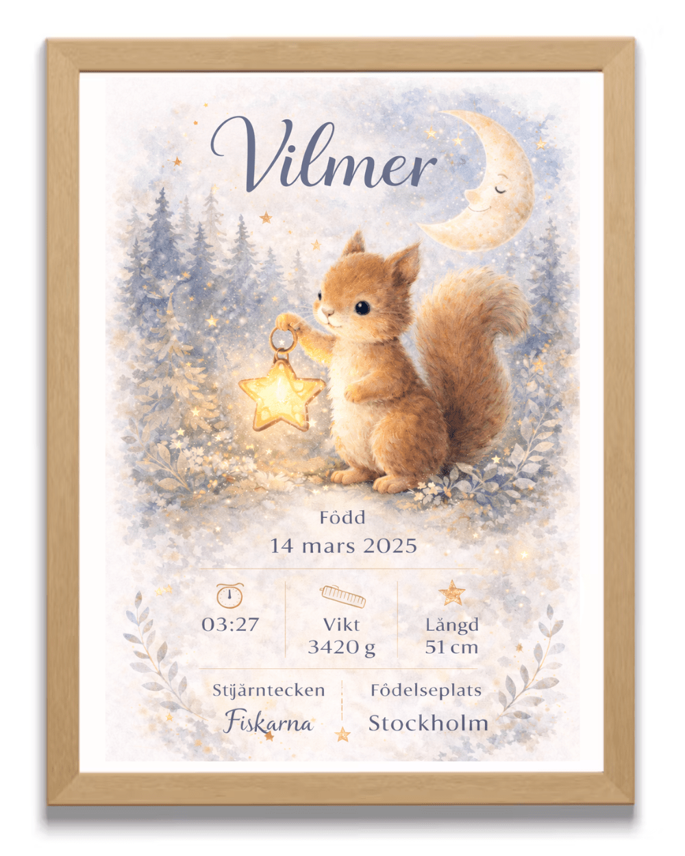 Eichhörnchens Stern – personalisiertes Geburtsposter mit Eichhörnchen und dem Namen des Kindes