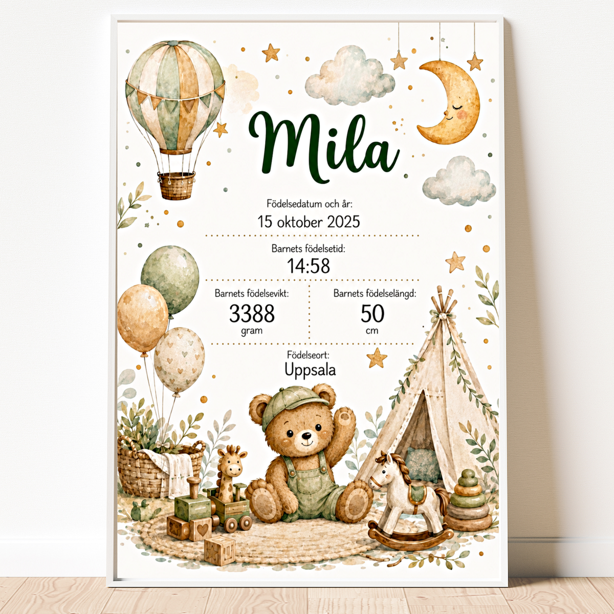 Personlig födelsetavla – Boho – Doptavla med nalle och tipi