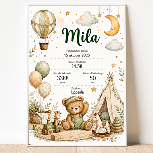 Personlig födelsetavla – Boho – Doptavla med nalle och tipi