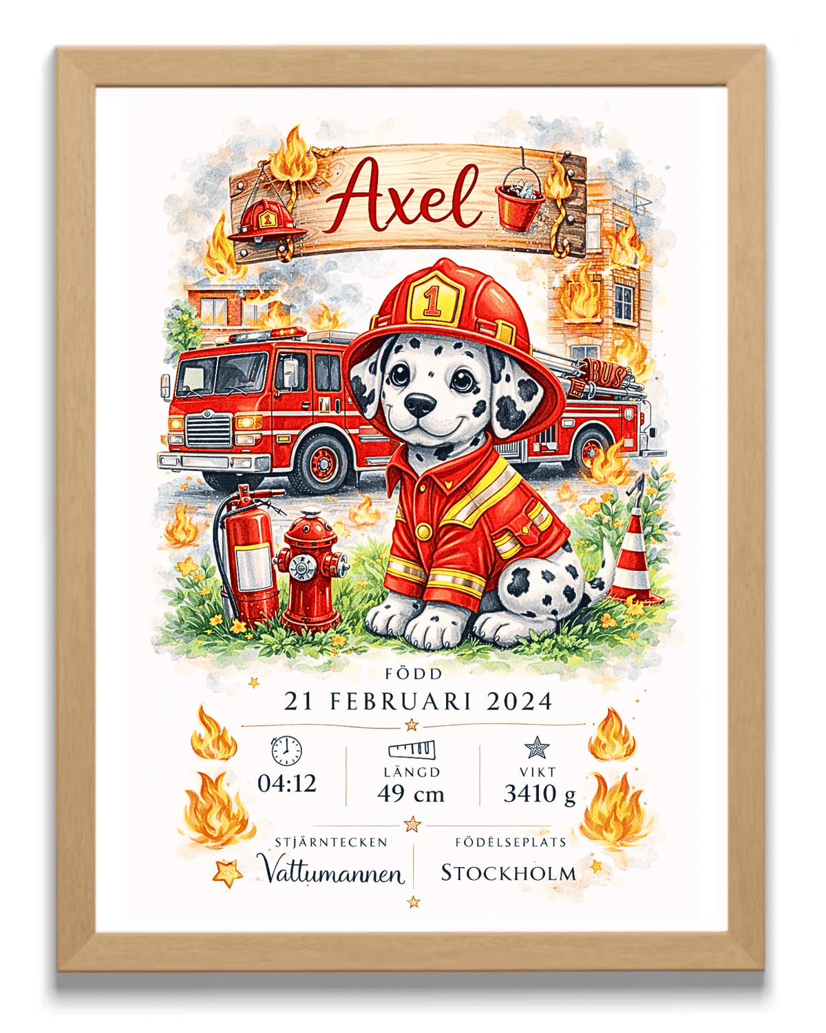 Personalisiertes Geburtsposter – Feuerwehrmann – Taufbild für Jungen