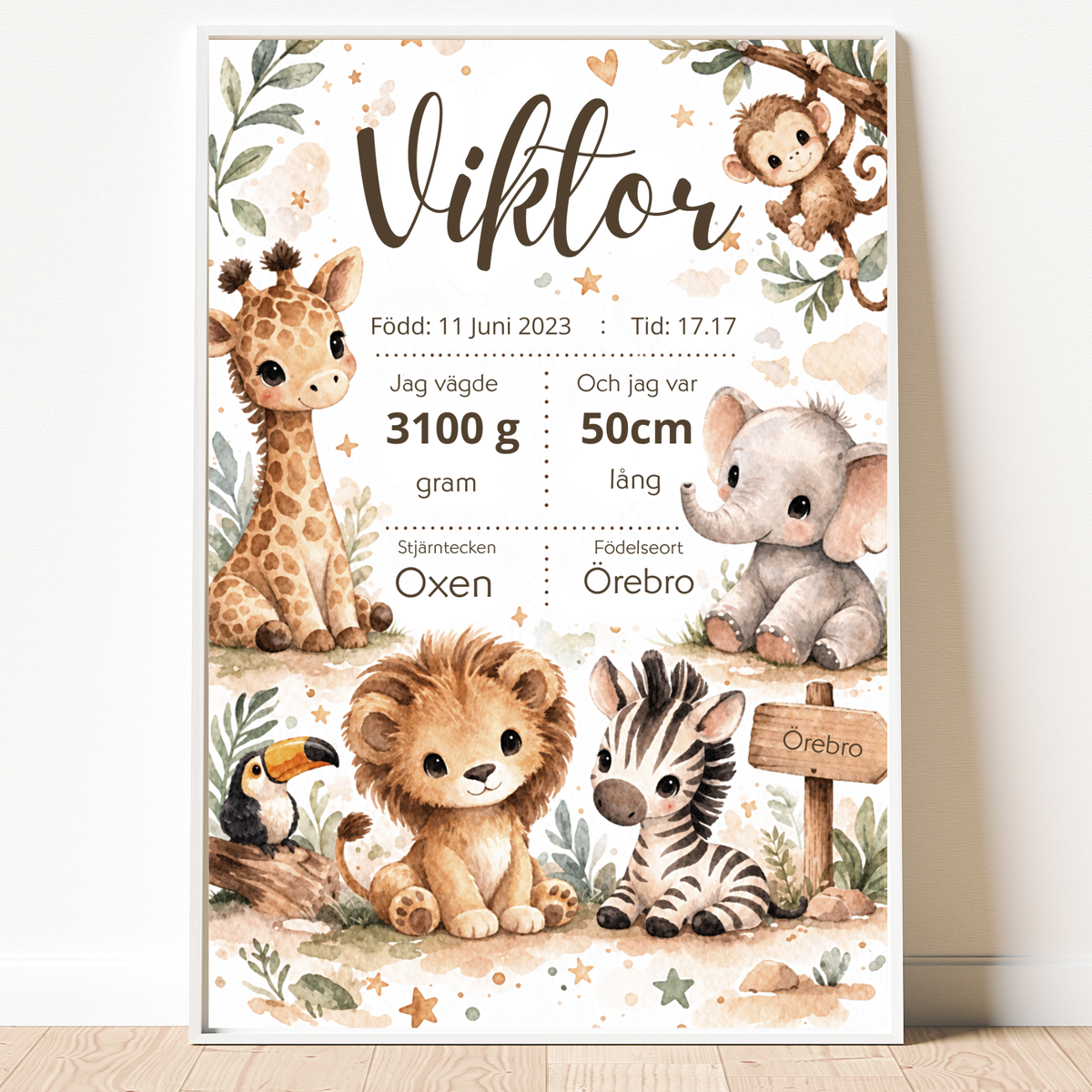 Personalisiertes Geburtsposter – Safaritiere in Aquarell – Taufbild