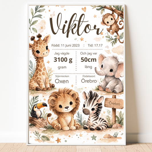 Personlig födelsetavla – Safaridjur i akvarell – doptavla