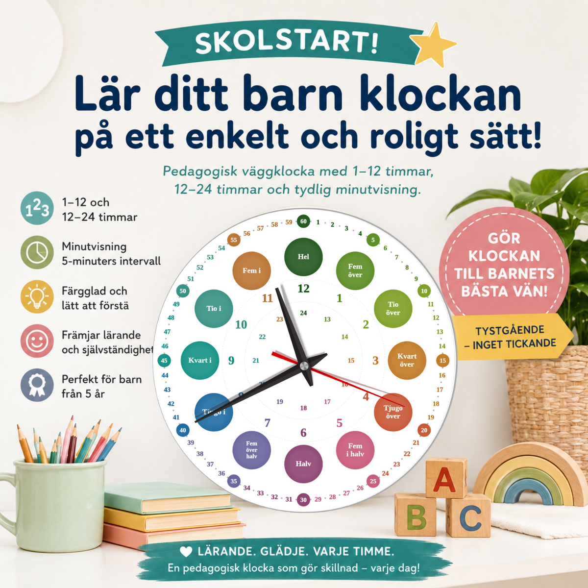 Lär dig klockan – 24-timmarsklocka för barn – 24-timmars urtavla – pedagogisk analog väggklocka – tystgående