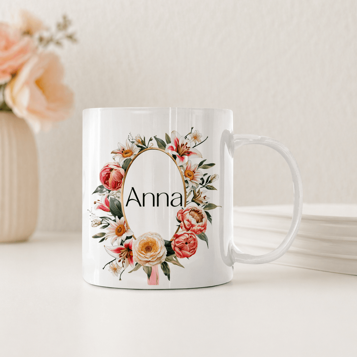 Personalisierte Tasse – Bunter Blumenkranz – Tasse mit Namen