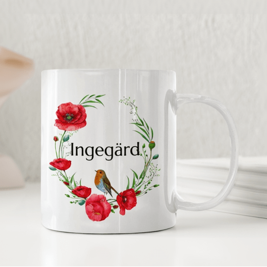 Personlig mugg – Vallmo och liten fågel – mugg med namn