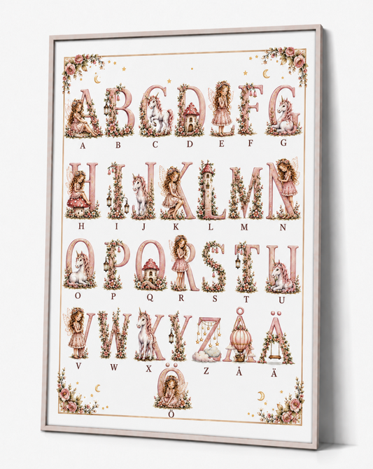 Enhörning ABC barnposter – akvarell barntavla till flickrummet