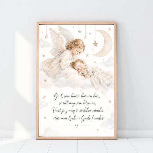 Tavla med skyddsängel, bebis och aftonbönen Gud som haver barnen kär i ljus ram mot vit vägg