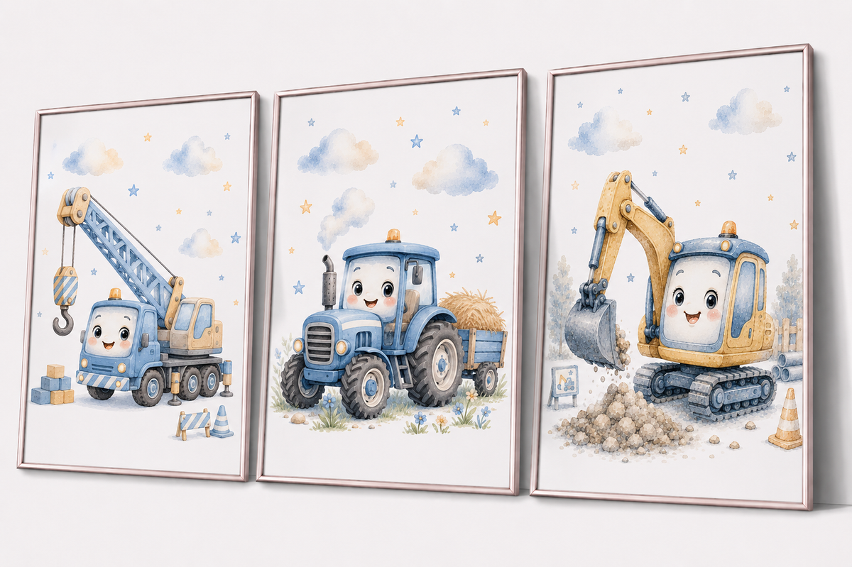 Baustellenfahrzeuge Kinderposter – Aquarellbild mit Kran, Traktor und Bagger