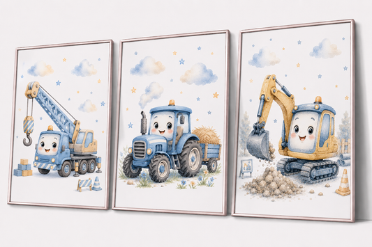 Arbetsfordon barnposter – akvarell barntavla med kran, traktor och grävmaskin
