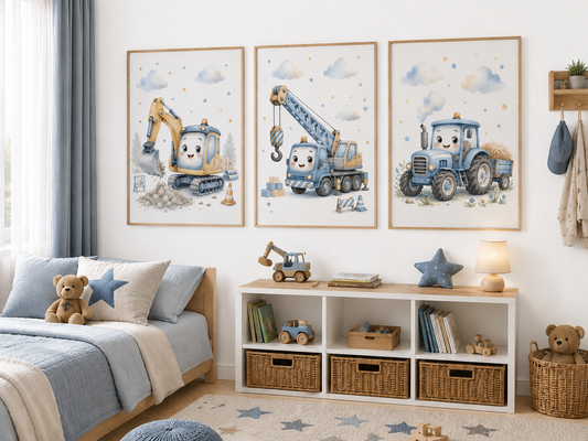 Arbeitsfahrzeuge Kinderposter – Aquarell-Kinderbilder mit Kran, Traktor und Bagger