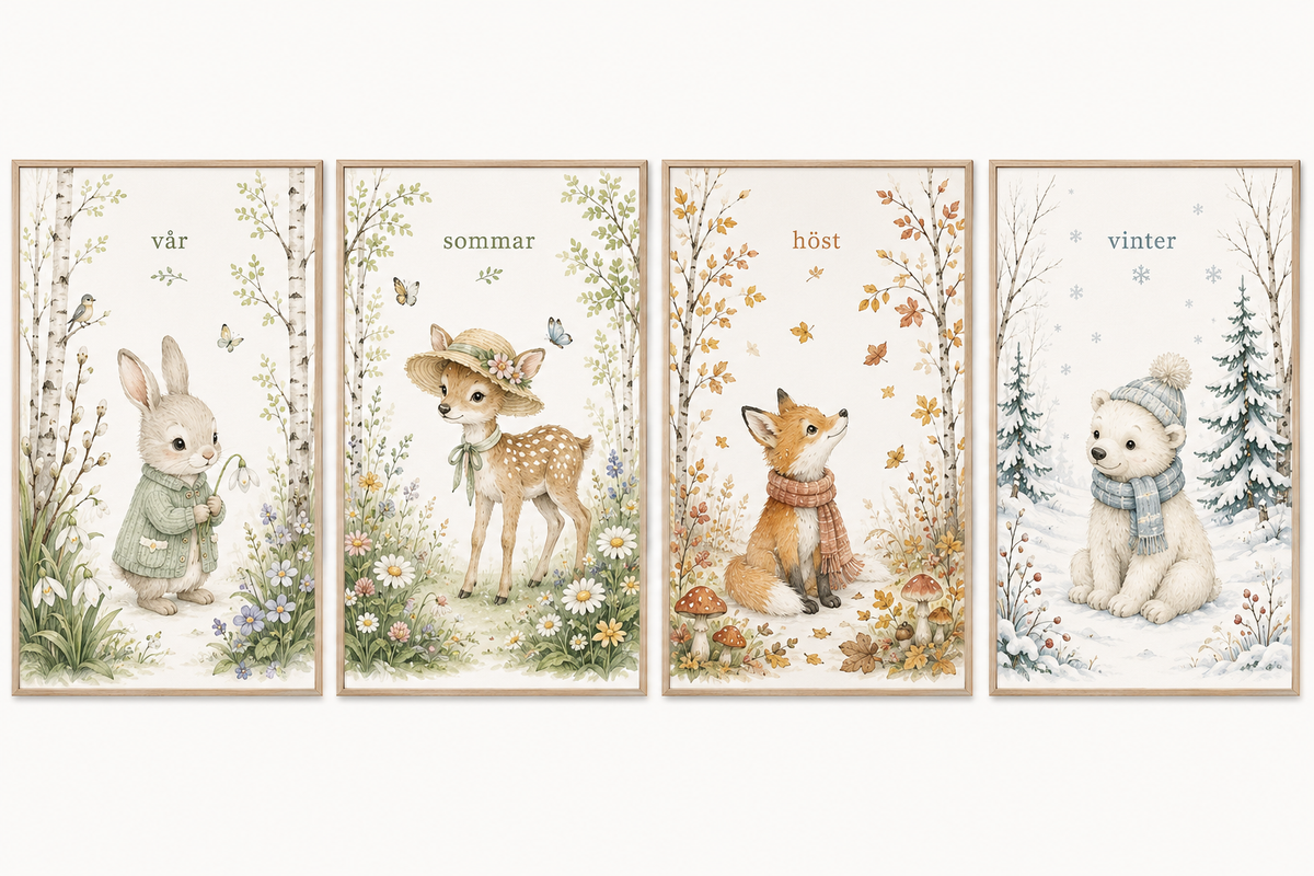 Jahreszeiten-Waldtiere Kinderposter – 4-teiliges Aquarell-Set fürs Kinderzimmer