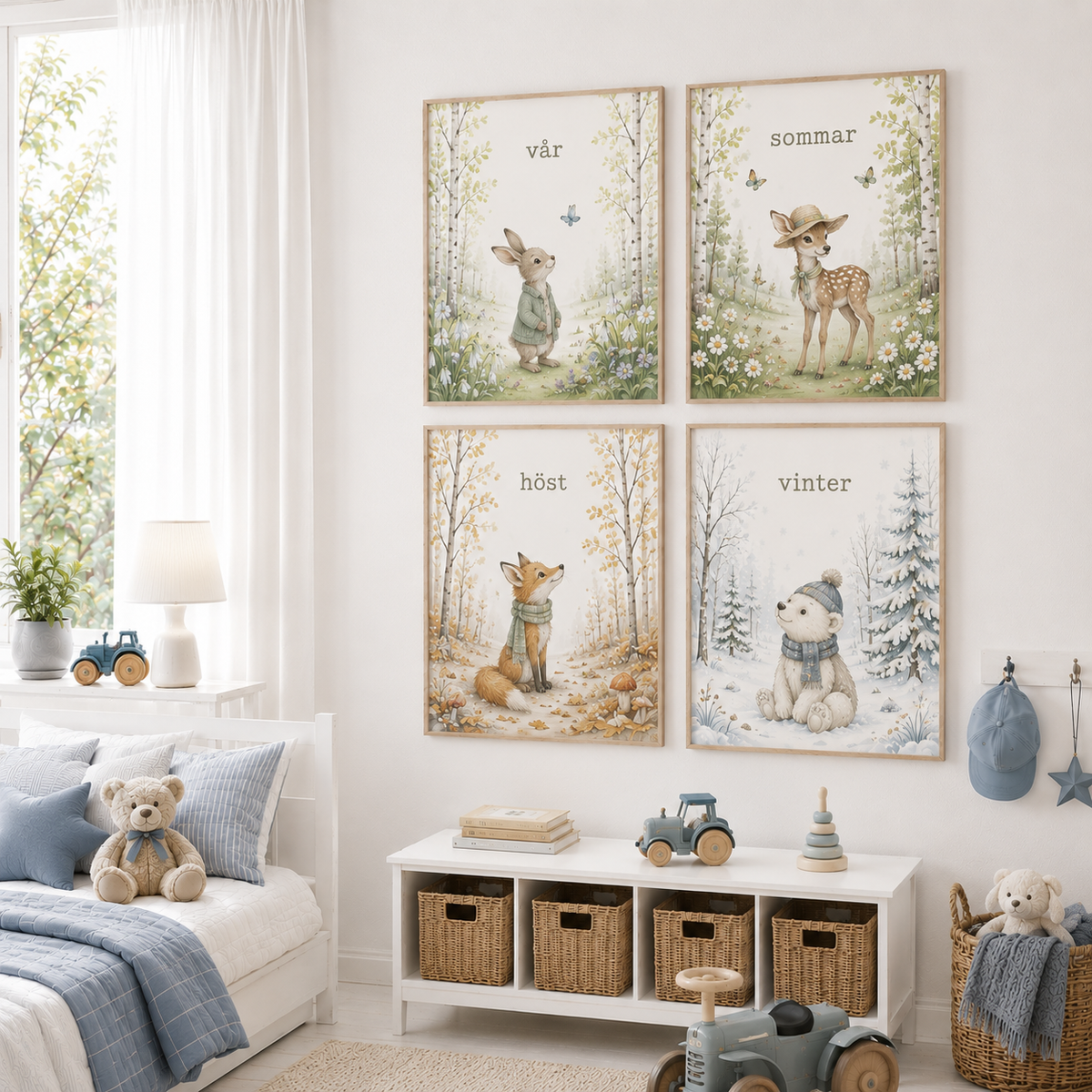Jahreszeiten-Waldtiere Kinderposter – 4-teiliges Aquarell-Set fürs Kinderzimmer
