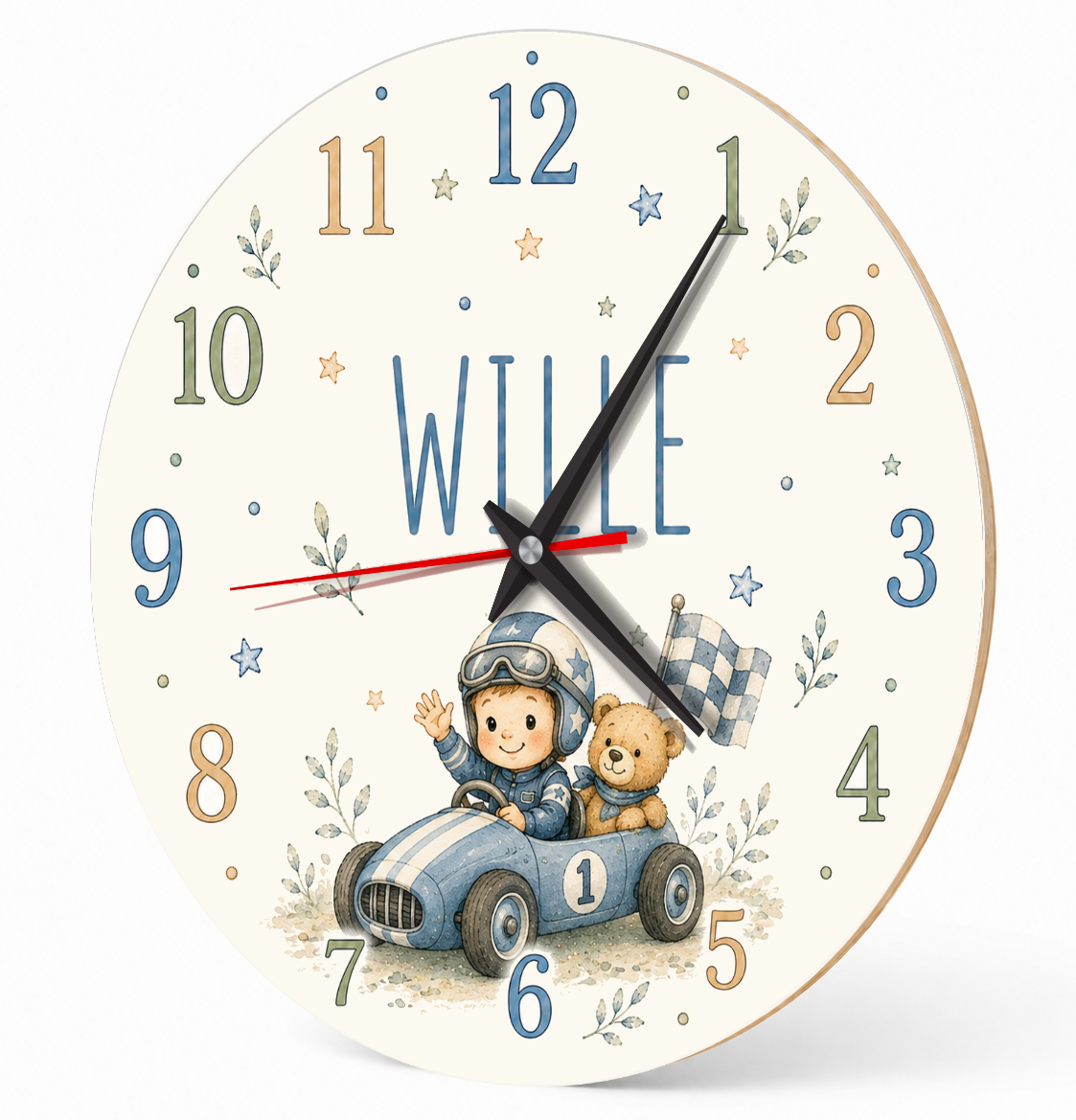 Kinderwanduhr mit Rennauto – lautlos
