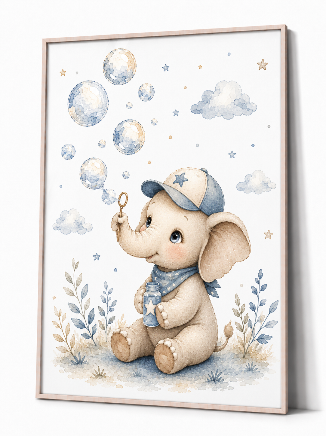 Blauer Elefant Kinderposter – Aquarellbild für das Jungenzimmer
