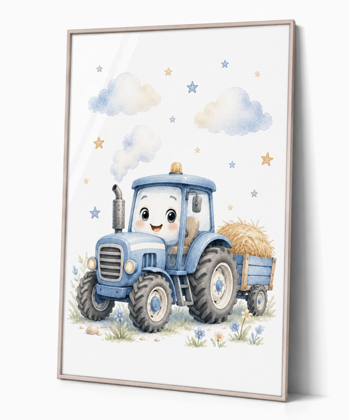 Blauer Traktor Kinderposter – Aquarellbild für das Kinderzimmer