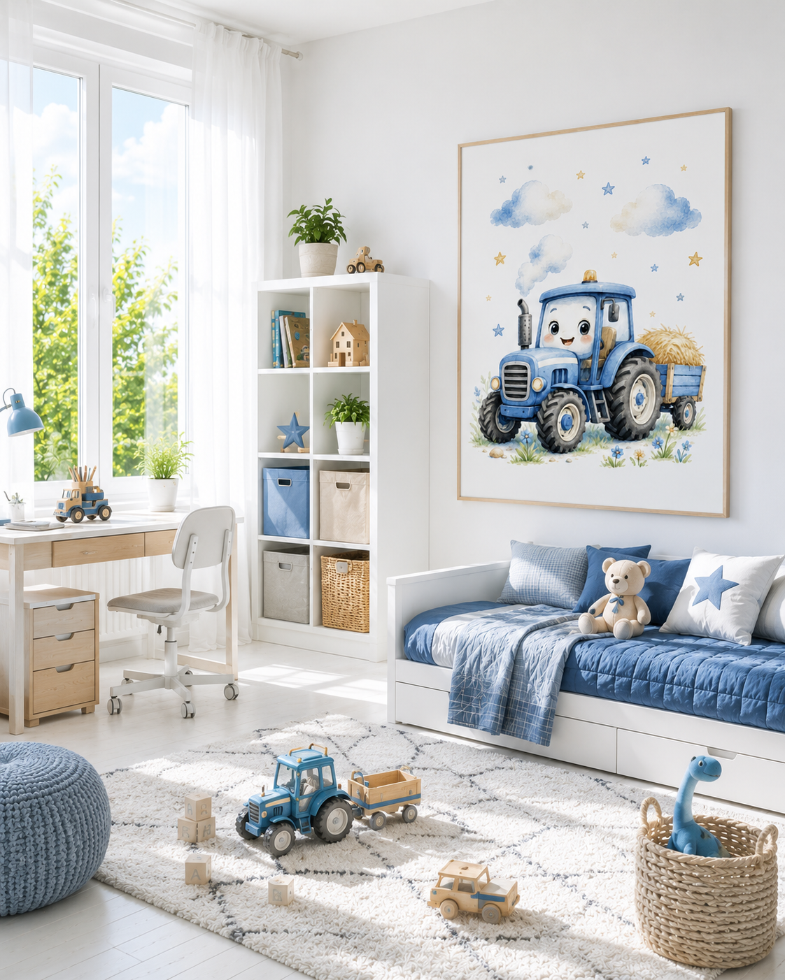 Blauer Traktor Kinderposter – Aquarell-Kinderbild fürs Kinderzimmer
