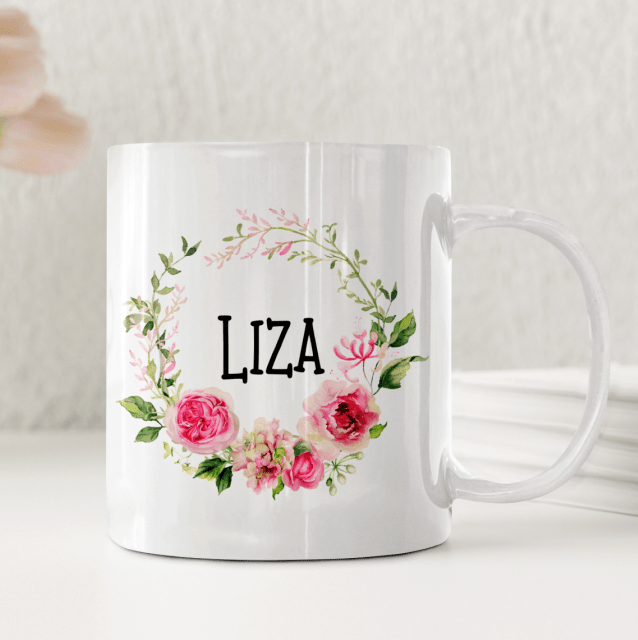Personalisierte Tasse – Rosa Blumenkranz – Tasse mit Namen