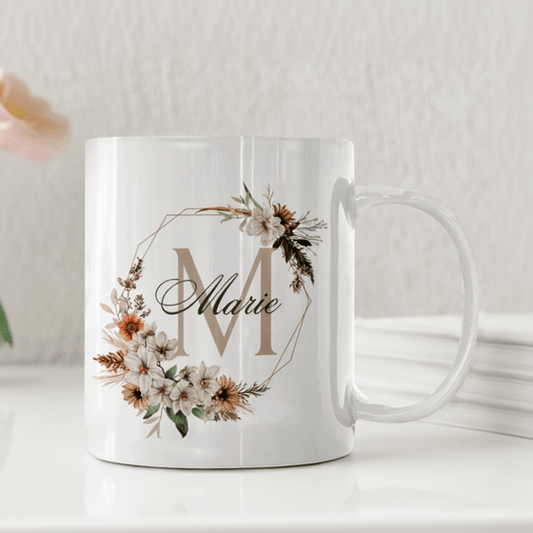 Personlig mugg – Bohemisk blomkrans – mugg med namn