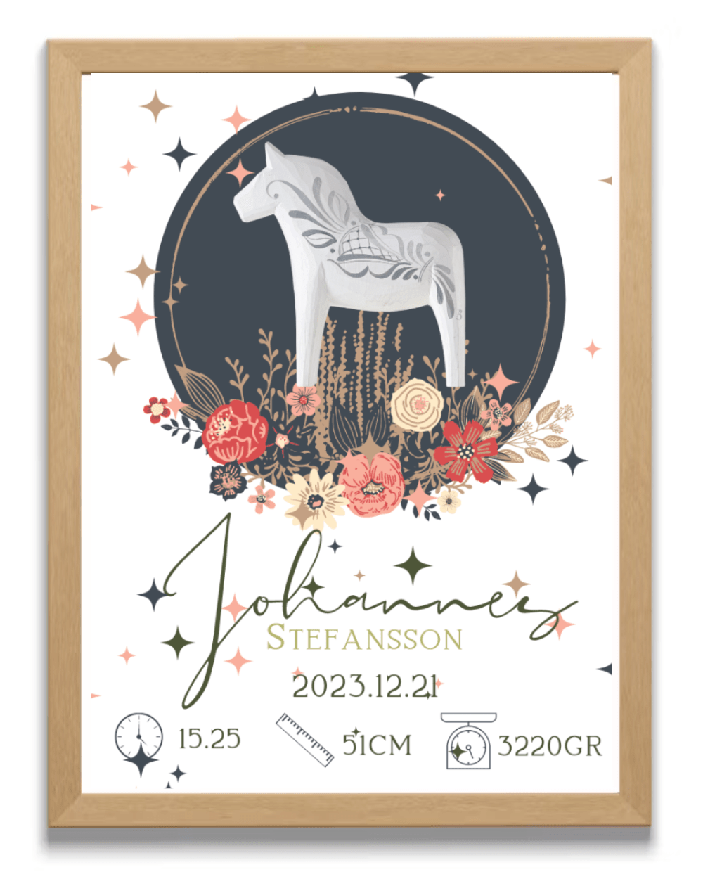 Personalisiertes Geburtsposter – Dalapferd mit roten Blumen – Taufbild