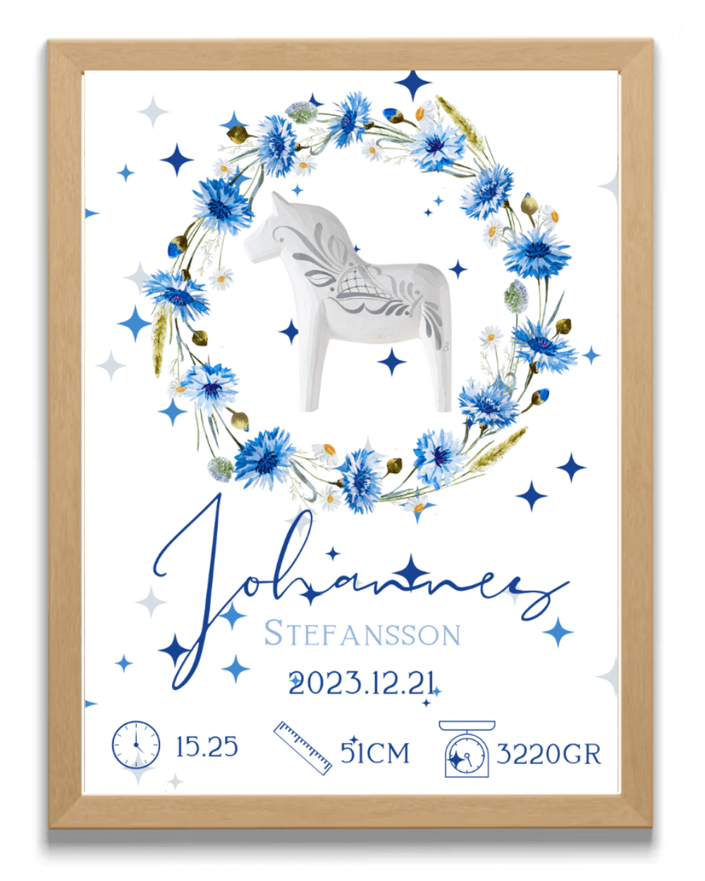 Personalisiertes Geburtsposter – Dalapferd mit blauen Blumen – Taufbild