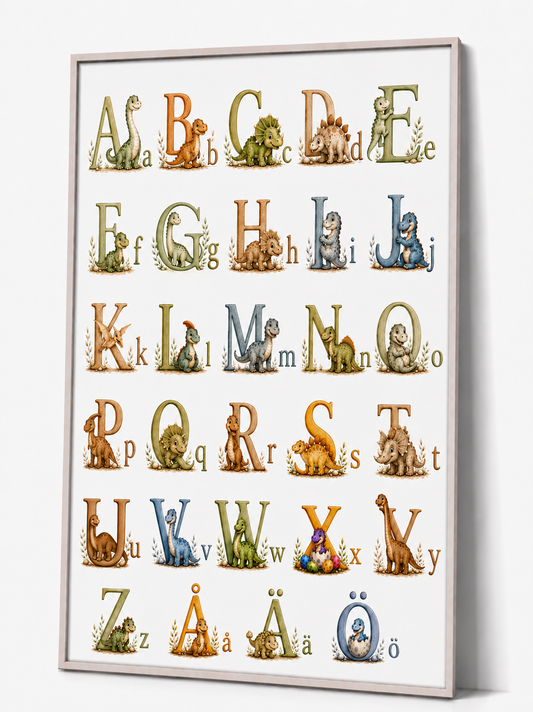 Dinosaurie alfabet barnposter – akvarell ABC barntavla till pojkrummet