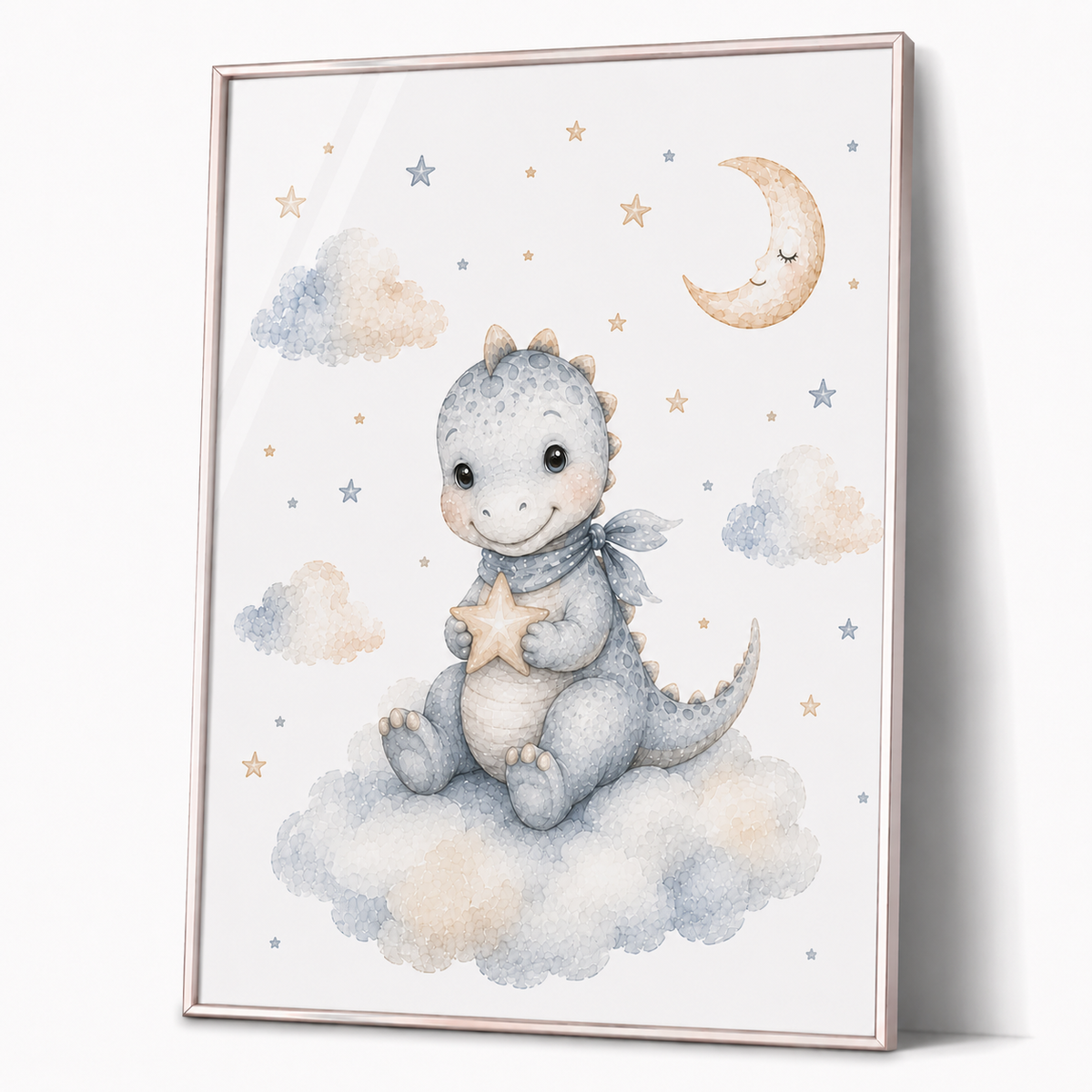 Dinosaurier auf Wolke Kinderposter – Aquarell-Kinderbild fürs Jungenzimmer