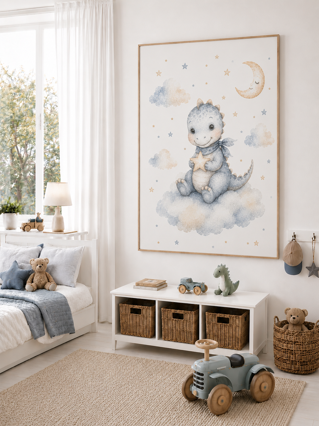 Dinosaurier auf Wolke Kinderposter – Aquarell-Kinderbild fürs Jungenzimmer