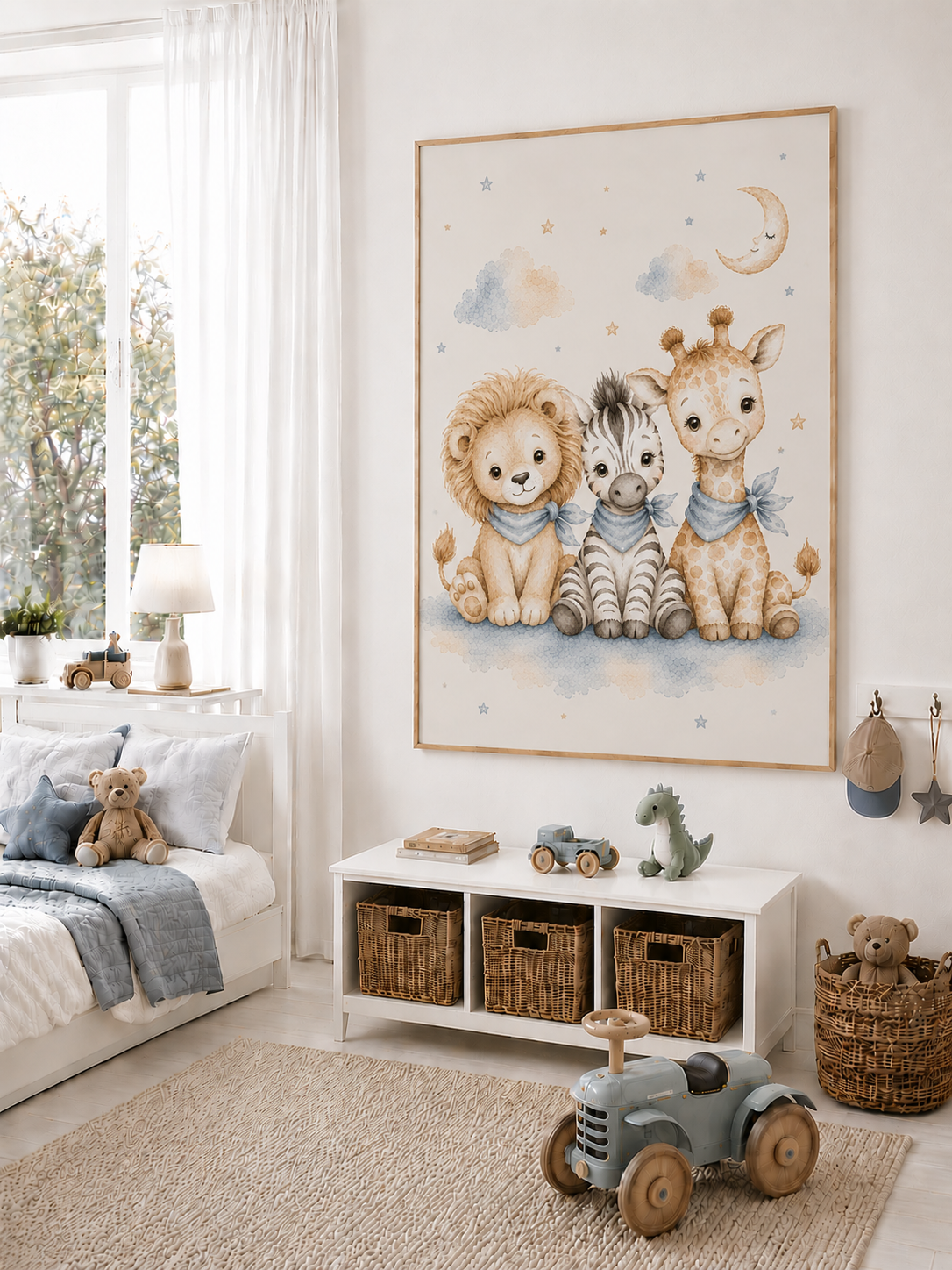 Dschungelfreunde Kinderposter – Aquarell-Kinderbild mit Löwe, Zebra und Giraffe