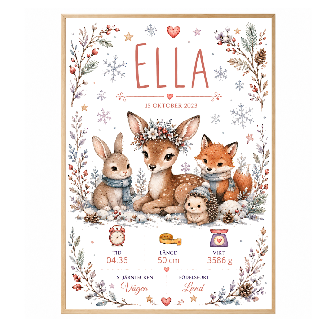 Personalisiertes Geburtsposter – Waldtiere im Jahreslauf – Taufbild für Kinder