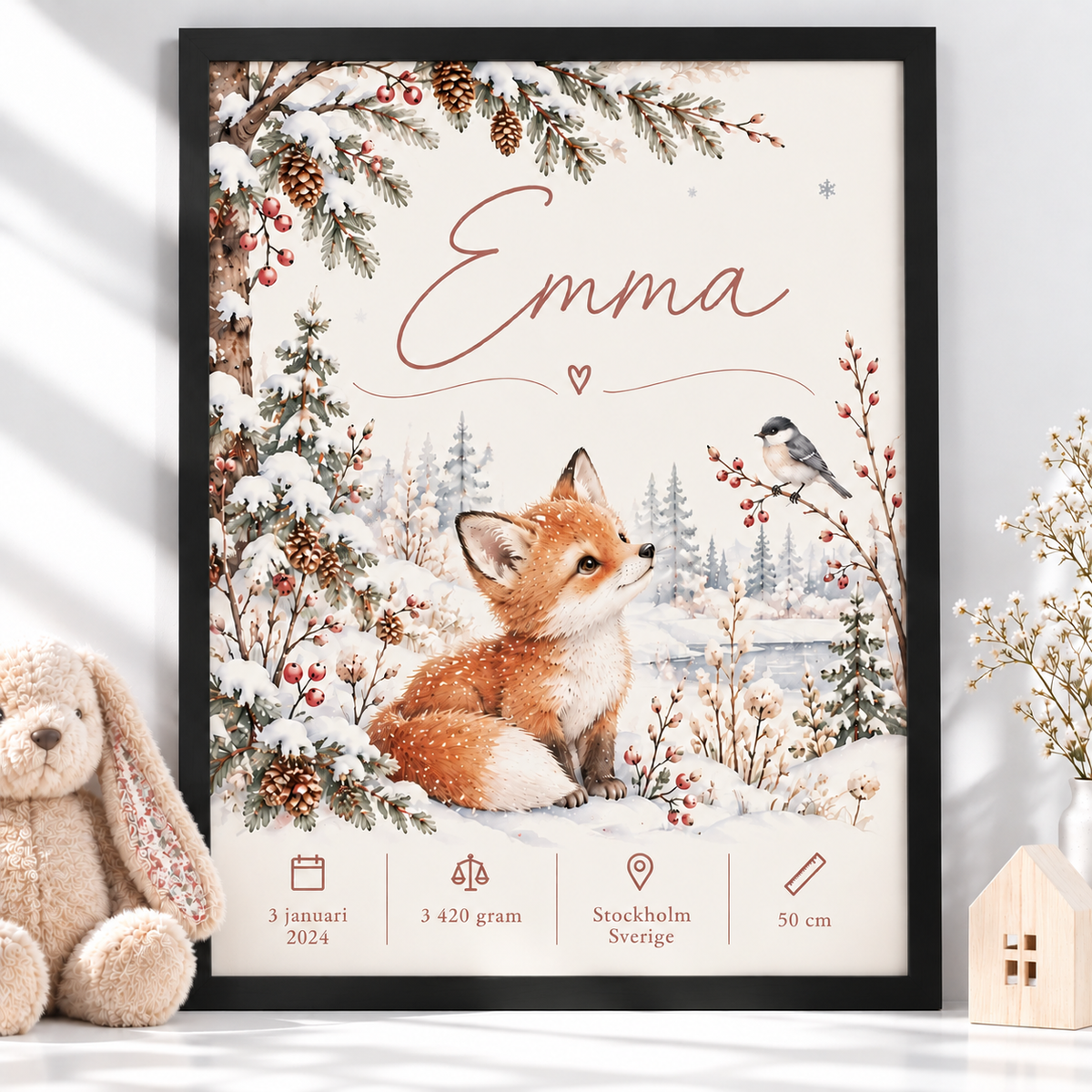 Födelsetavla med rävunge i svart ram