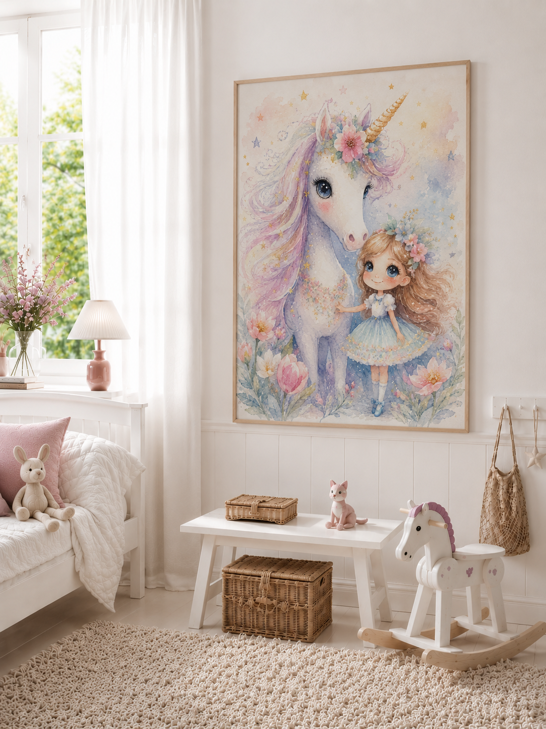 Einhorn und Mädchen Kinderposter – Aquarell-Kinderbild fürs Mädchenzimmer
