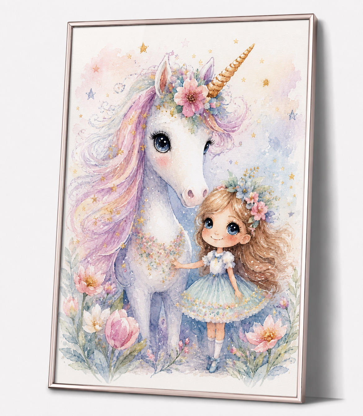 Einhorn und Mädchen Kinderposter – Aquarell-Kinderbild fürs Mädchenzimmer