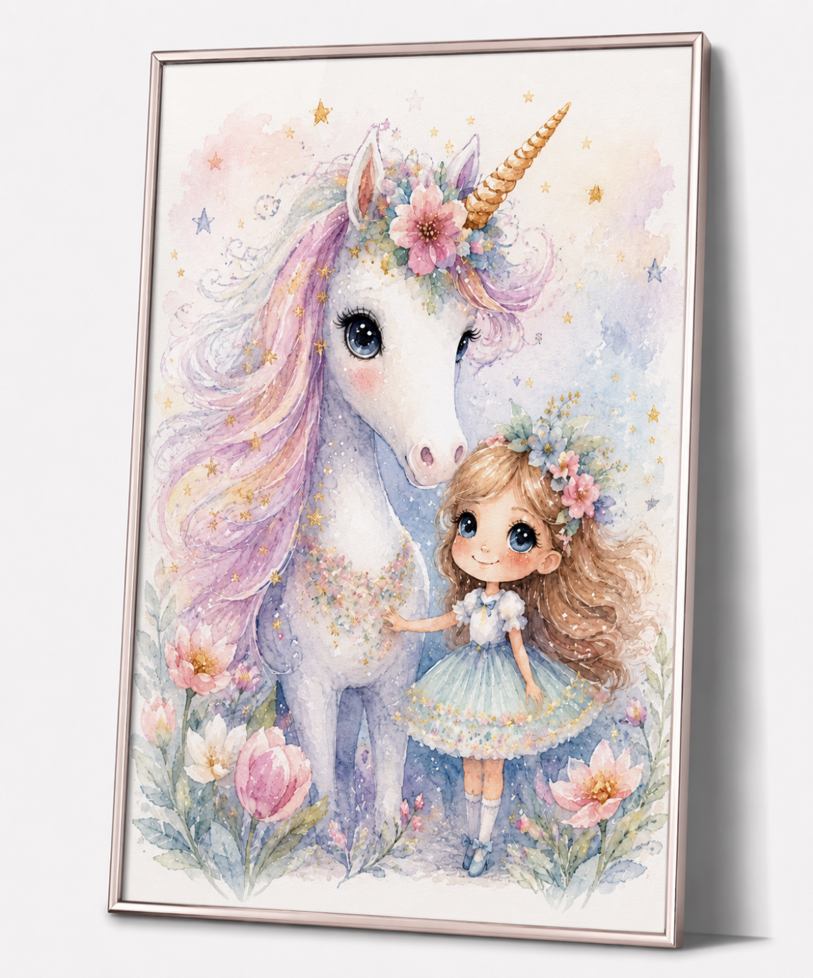 Einhorn und Mädchen Kinderposter – Aquarellbild für das Mädchenzimmer